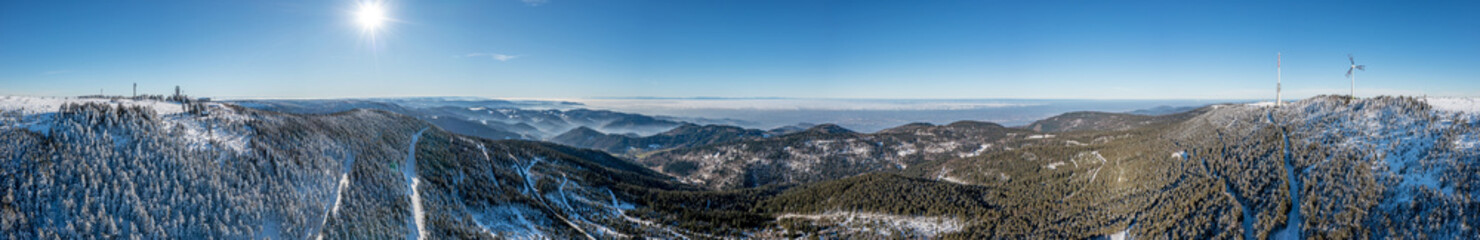 Drone panorama over Rhine valley near German town Baden Baden taken from Mummelsee in Black Forest