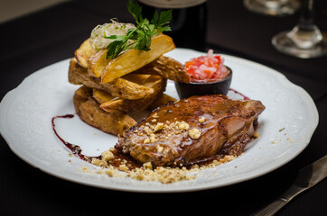 grilled beef steak with potatos