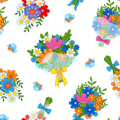 Fototapeta premium Seamless pattern with cute bouquets of flowers on a white background. Spring children's decor of pink, yellow and blue flowers. Vector illustration in flat style. Print for textiles for kids.