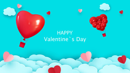 Fototapeta na wymiar Valentine s day background with heart shaped balloon flying through the clouds. Romantic paper art in origami style. Paper hearts. Vector