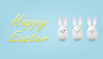 vector illustration of cute eggs with bunny ears and kawaii faces and Happy Easter lettering on a light blue background. beautiful cute easter card. easter greeting banner