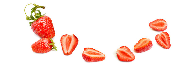 Ripe juicy strawberries isolated on a white . Free space for text. Wide photo.