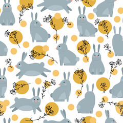 Seamless pattern with geometric minimalistic bunnies, line art flowers and colored circles. Vector cartoon bird