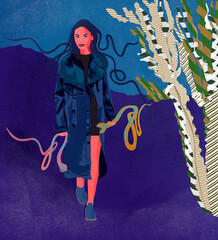 Sylwetka młoda kobieta z długimi włosami trzymająca węże w dłoniach