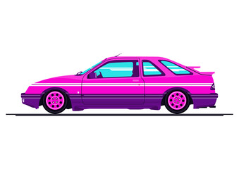 Retro car in the colors of the 80s. Side view of a classic car. Flat vector without gradients and textures.