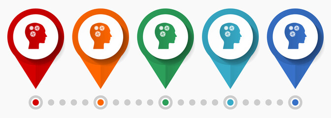 Human head, creativity concept vector icon set, flat design pointers, infographic template