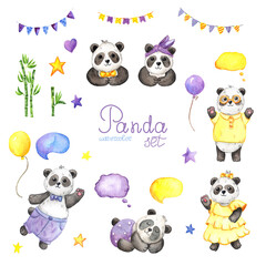 watercolor illustration set of cute animal pandas on white background. flags, clouds, balloons for decoration, postcards, albums. drawn by hand.