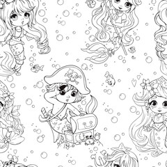 Cute seamless pattern with mermaids, a pirate and a treasure in black and white. Cartoon contour art for children's textiles, clothes, cards. Little mermaids in different poses.