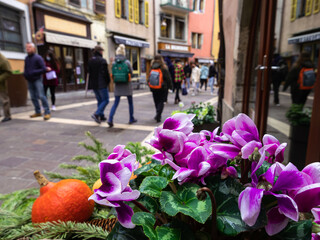 Street floral decoration and blurred walkers on the street of the old town of Annecy in France