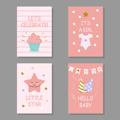 Fototapeta na wymiar set of greeting cards happy birthday newborn girl. collection of 4 cute templates. vector illustration hand drawn style. baby congratulations card