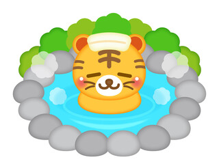 温泉に入るトラのイラスト素材＿ベクター3