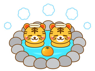 温泉に入る2匹のトラのイラスト素材