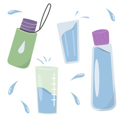 Concept drink more water, drinking water in a thermos and plastic mug, glass bottle. Vector set of various bottles.