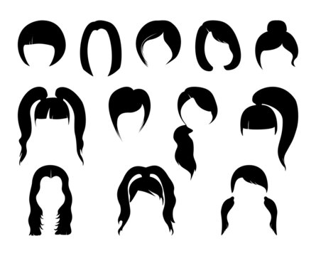 Black silhouettes set of womens heads with various trendy hairstyles. Flat modern long and short haircuts and hair styling designer kit. Jpeg illustration