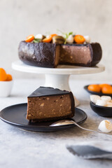 fresh chocolate  Cake and Tasty pastry. slice of cake. Wedding dessert. Birthday party cake. Delicious dessert.