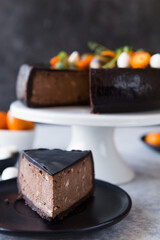 fresh chocolate  Cake and Tasty pastry. slice of cake. Wedding dessert. Birthday party cake. Delicious dessert.