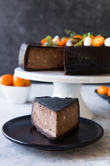 fresh chocolate  Cake and Tasty pastry. slice of cake. Wedding dessert. Birthday party cake. Delicious dessert.