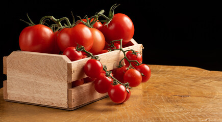 Tomatoes, beautiful tomatoes arranged inside a wooden box over rustic wood, selective focus.