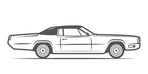 Vintage car vector illustration. Classic American convertible car for posters, logo and emblems. Linear drawing style. Automobile outline isolated on white background. Front view.