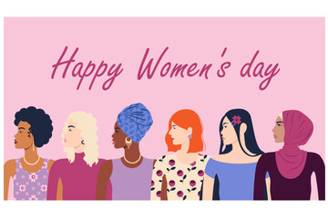 Naklejka na ściany i meble A greeting card. International Women's Day. March 8th. Women of different nationalities and cultures in profile. A united group of people, a movement. Feminists. Together.