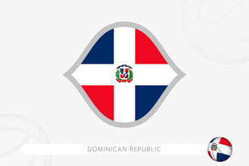 Dominican Republic flag for basketball competition on gray basketball background.