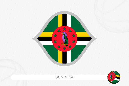 Dominica flag for basketball competition on gray basketball background.