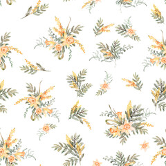 Spring bouquets seamless pattern for fabric  Watercolor yellow flowers clipart, seamless digital paper, Easter clipart scrapbook paper with mimosa and daffodils 
