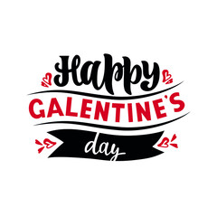 Happy Galentine's Day handwritten text. Hand lettering, modern brush ink calligraphy isolated on white background with ribbon and hearts. Vector illustration. Concept for card, logo, poster, print