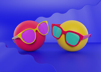 Colorful sunglasses on two abstract characters. Vacation or fashion trend concept. 3d render.