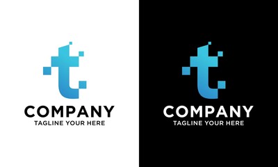 T Huruf Pixel Desain Logo Motion, T tech, letter T data logo design technology. on a black and white background.