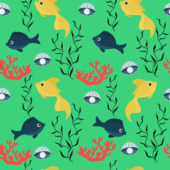 colorful underwater seamless pattern with fishes seaweed and seashell