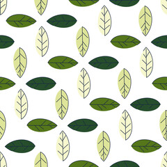 Seamless pattern from green leaves on a light background. Strict flat design. Natural motive. Printing on fabric, wrapping paper. Vector illustration