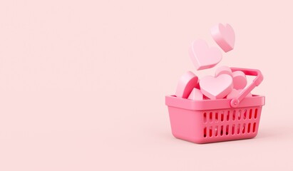 Shopping basket full of hearts. Valentine's Day Holiday background. 3d rendering illustration.