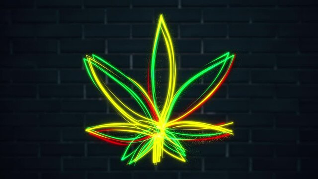 Glowing neon light cannabis leaf animation in green, red and yellow rastafarian flag colors with flowing particles. This rasta motion background is full HD and a seamless loop.