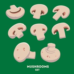 Slices of sliced mushrooms isolated on a green background. Pizza toppings.
