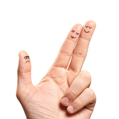 a lone finger enviously watches a pair of fingers in love. Isolated on white.