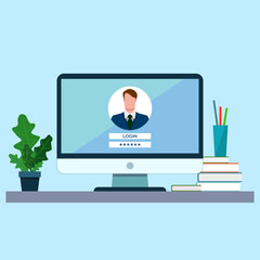 Login. Monitor. Flat vector design illustration