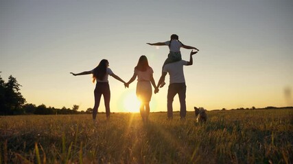 Happy father, mother children are walking in park at sunset, beautiful scenery.family travels foot.child on shoulders of father at sunset.family goes hand in hand in park together.family walking trip.