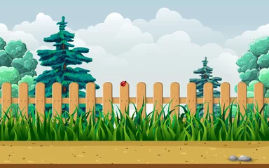 Fototapeten seamless countryside or garden landscape with wooden fence, grass, trees and bushes. nature endless parallax game background. farm or backyard cartoon style illustration. summer horizontal scene © Elena
