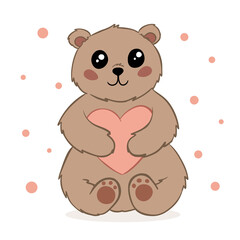 cute cartoon brown baby bear with a heart in his hands. isolated drawing on a white background. poster, postcard, print for clothes