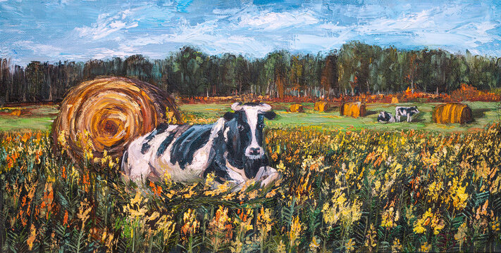 Cow in the field. Oil painting on canvas. Rustic landscape. Classical Realistic School of Painting