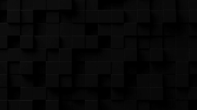 Slow moving random shifted black cubes geometrical pattern background with soft shadows, minimal background template, flat lay top view from above