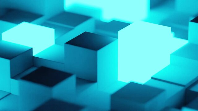 Random shifted black cubes geometrical pattern background with blue glow, minimal futuristic technology background template