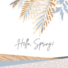 Obraz premium Spring scrapbook card in neutral colors with stylized polka dot branches and leaves