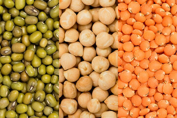 Red lentils, chickpeas, mung bean. Background or texture. Macro, top view      