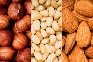 Set hazelnut, pine nut, almond. Background or texture. Macro, top view   