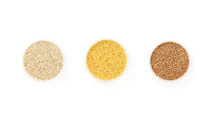 Set pearl barley, bulgur, buckwheat in bowls isolated on white background    