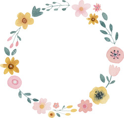 watercolor flower clipart, watercolor floral clip art, pink flower wreath round circle frame, flower arrangement sticker illustration, isolated elements on white background