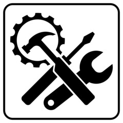 Hammer, gear, screwdriver and wrench. Icon. Flat image