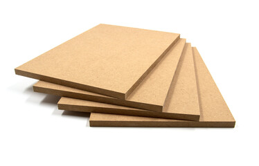 Four boards of raw mdf brown, rectangular in shape, of identical dimensions, arranged in a fan shape, on a white background.